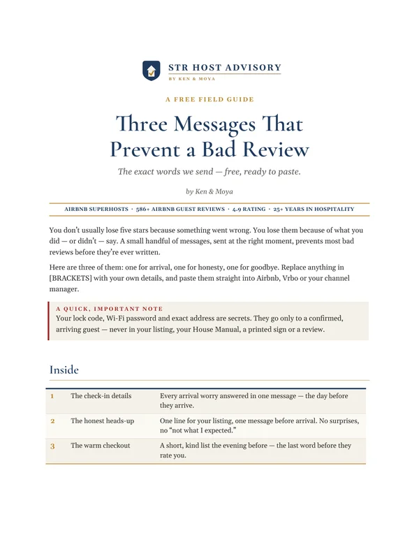 Page one of the free guide, Three Messages That Prevent a Bad Review